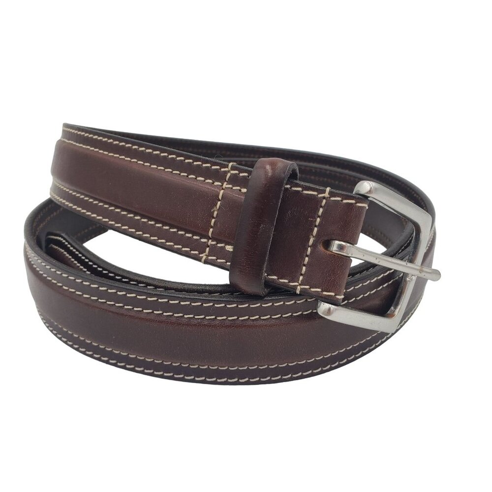 Eddie Bauer Men's Size 48 Brown Leather Stitched Belt England Designer - Picture 3 of 12
